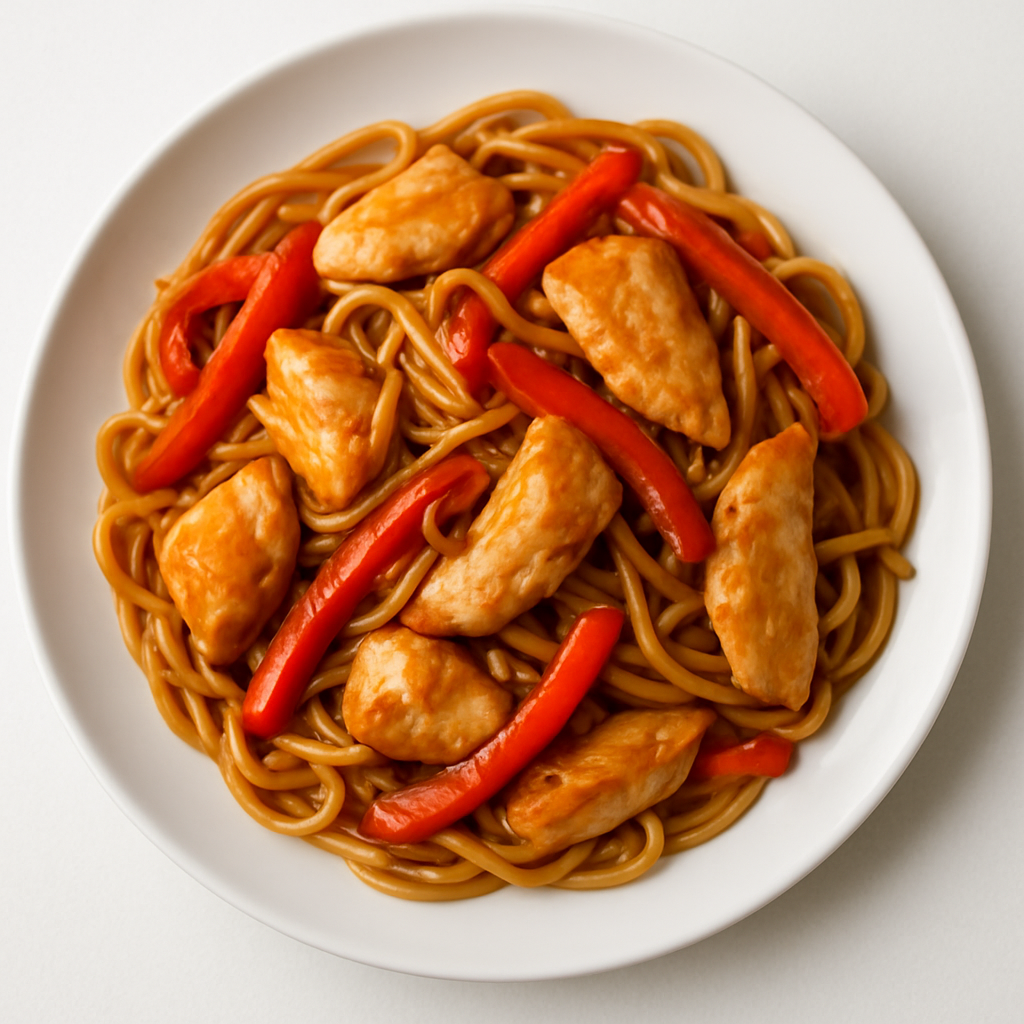 Foto de Tallarines salteados con pollo, morrón y salsa de soja