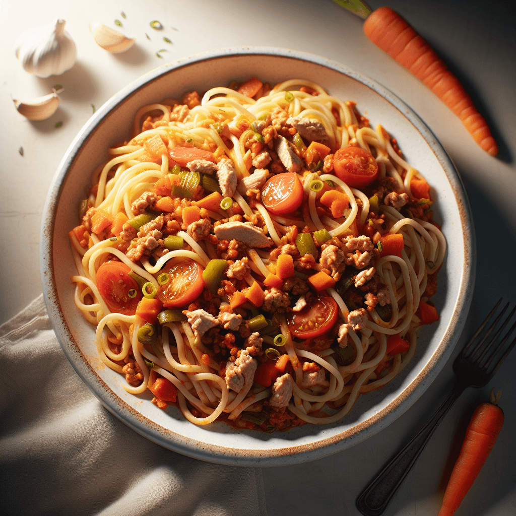 Foto de Fideos con tuco de carne de pollo y zanahoria sin ajo ni cebolla
