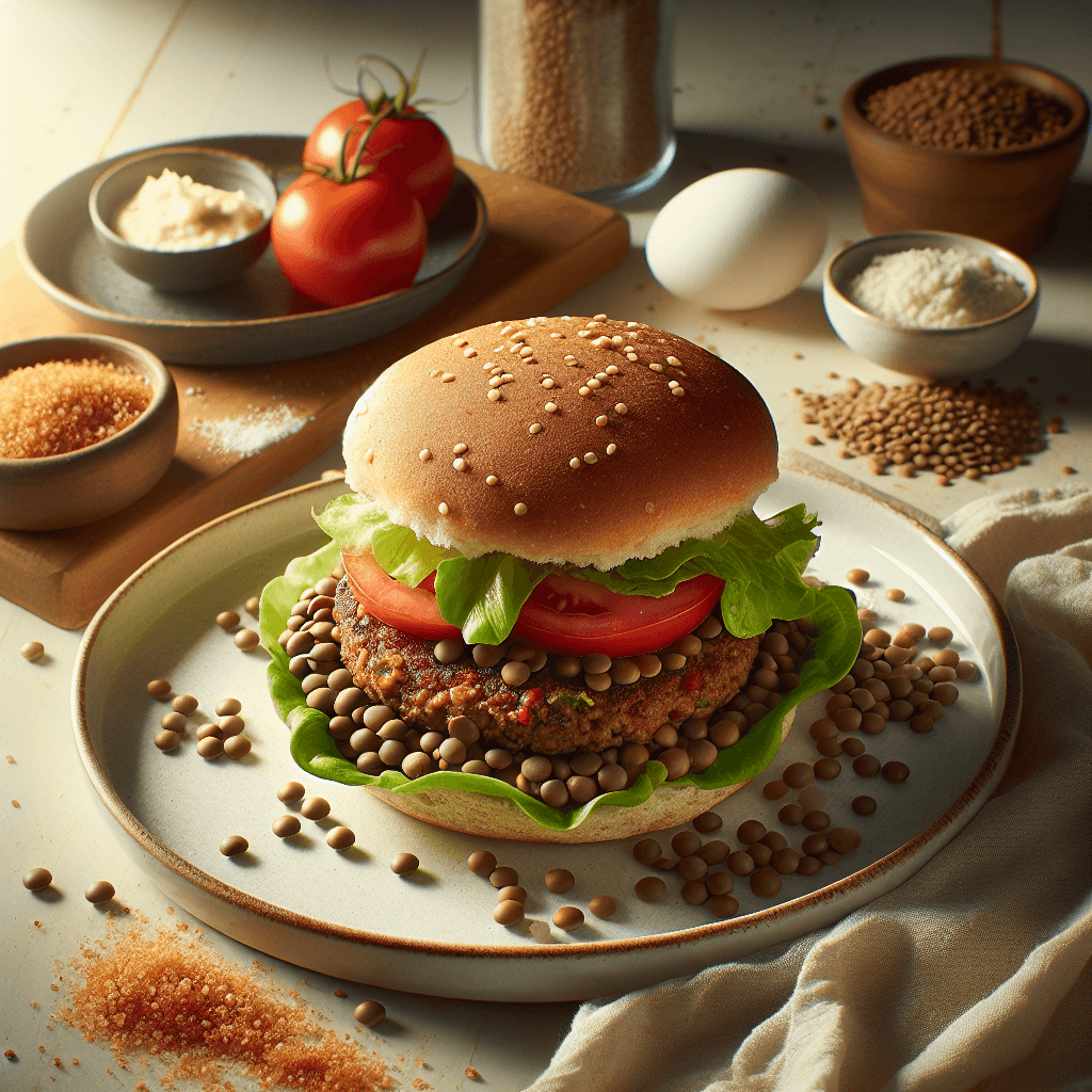 Foto de Hamburguesa casera de lentejas con ensalada de tomate y lechuga