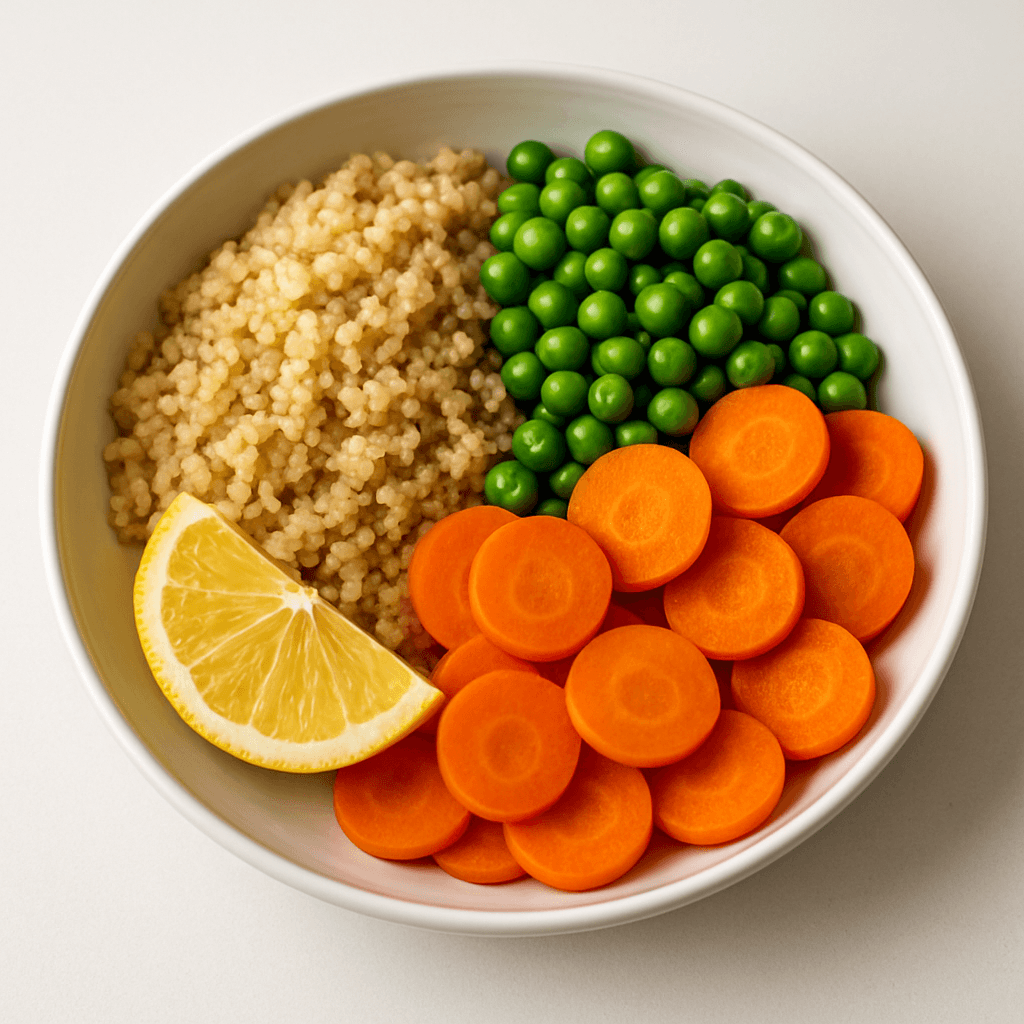 Foto de Buddha bowl de quinoa, arvejas, zanahoria y limón