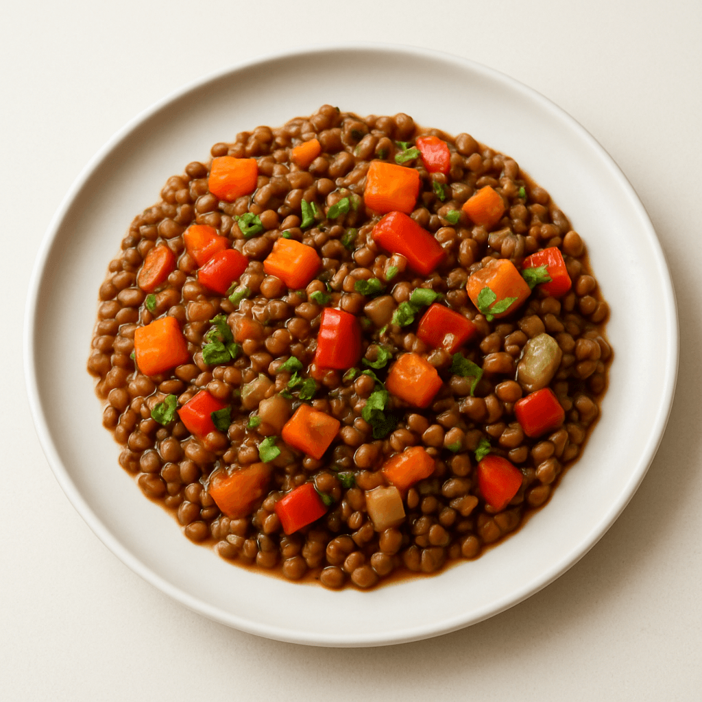 Foto de Guiso de lentejas con verduras y hierbas frescas