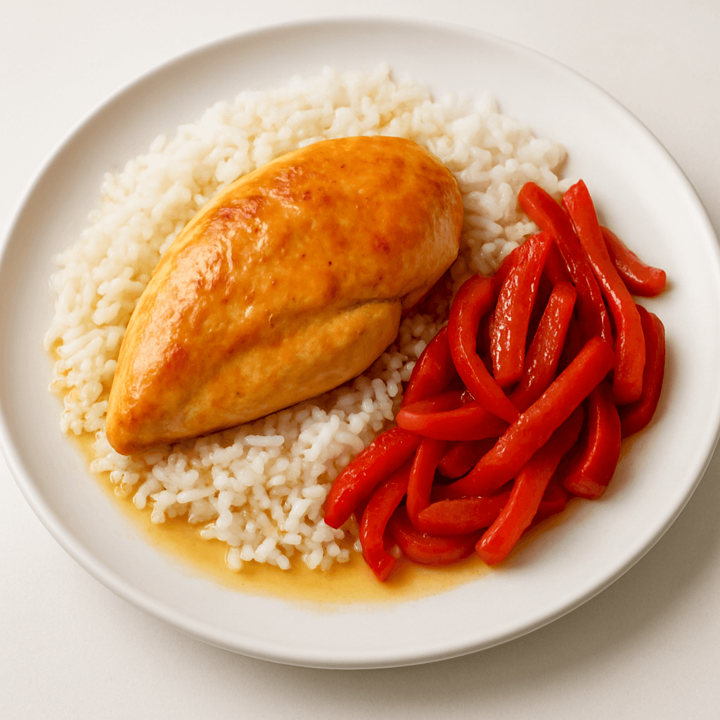 Foto de Arroz con pollo sin ajo ni cebolla con morrón salteado