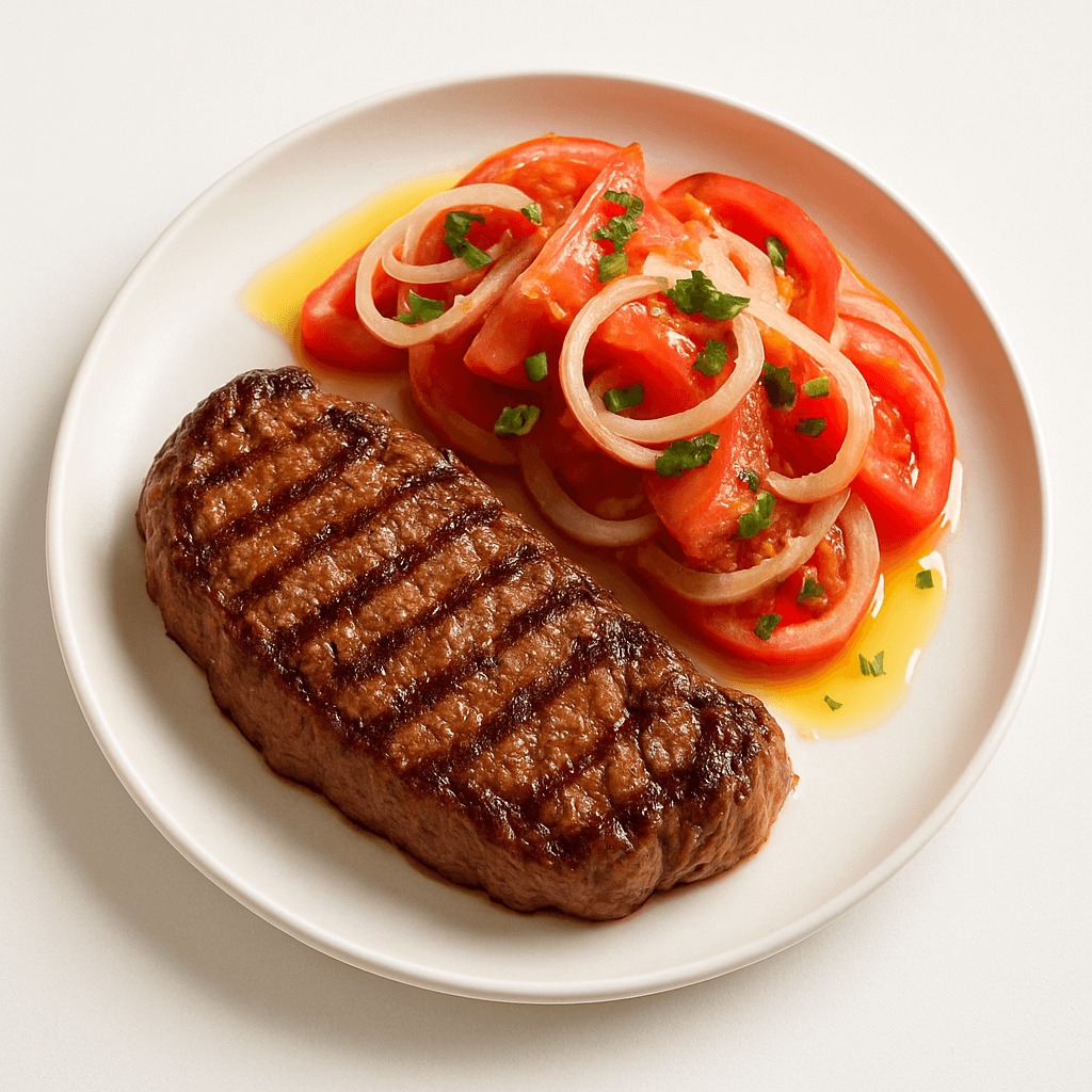 Foto de Bife de carne vacuna a la plancha con ensalada de tomate y cebolla