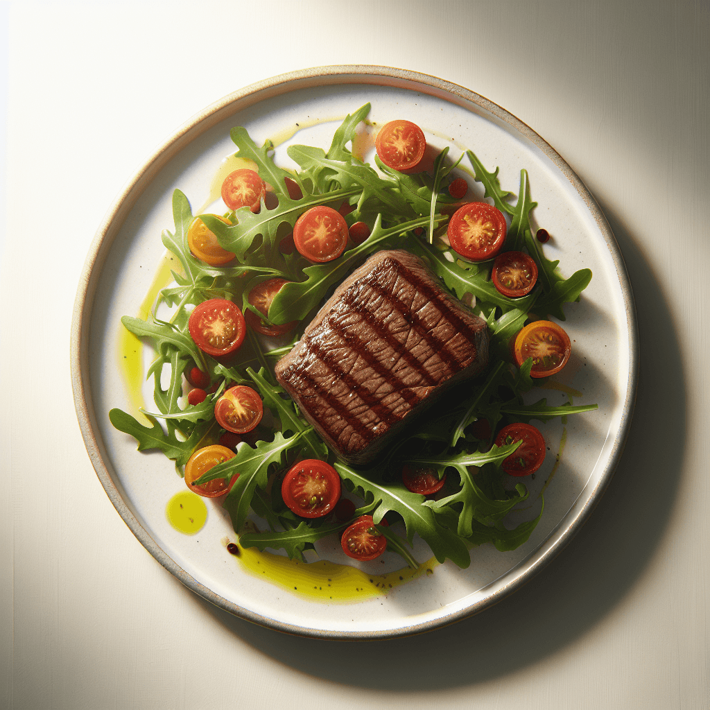 Foto de Bife de carne vacuna con ensalada de rúcula y tomate