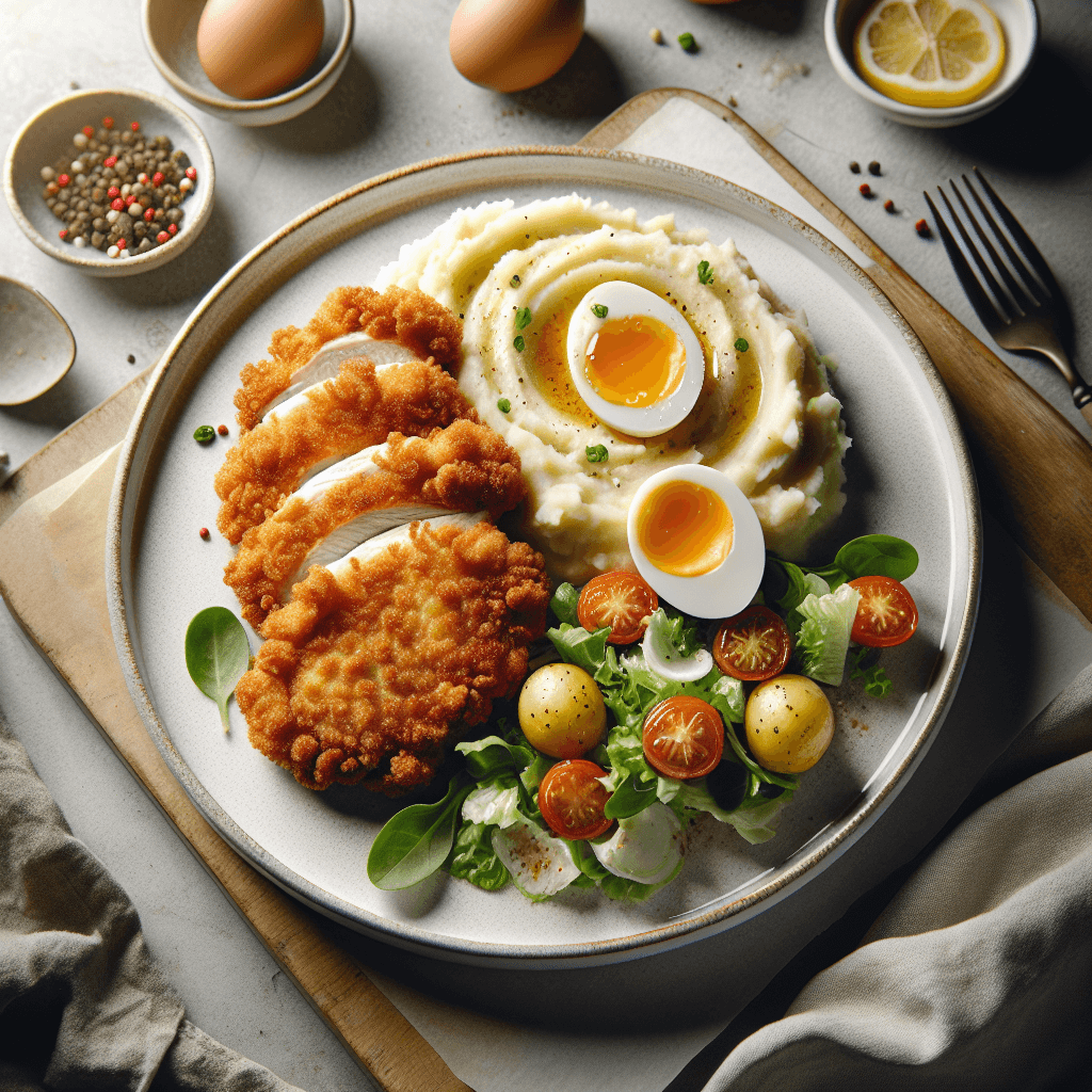 Foto de Milanesa de pollo con puré de papa y ensalada fresca