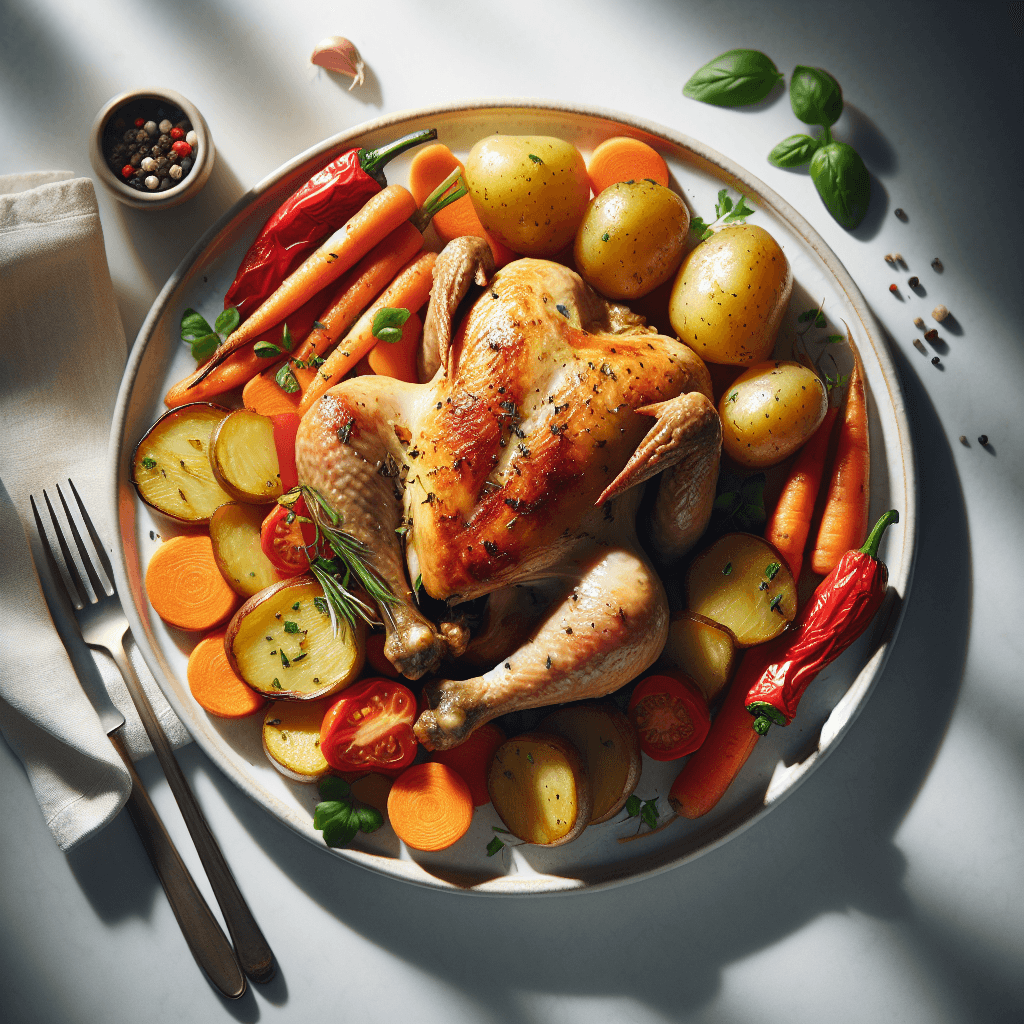 Foto de Pollo al horno con vegetales asados y papas