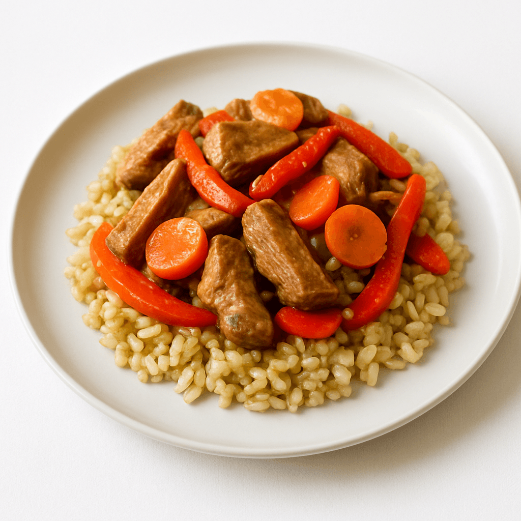 Foto de Salteado de cerdo con arroz integral y verduras