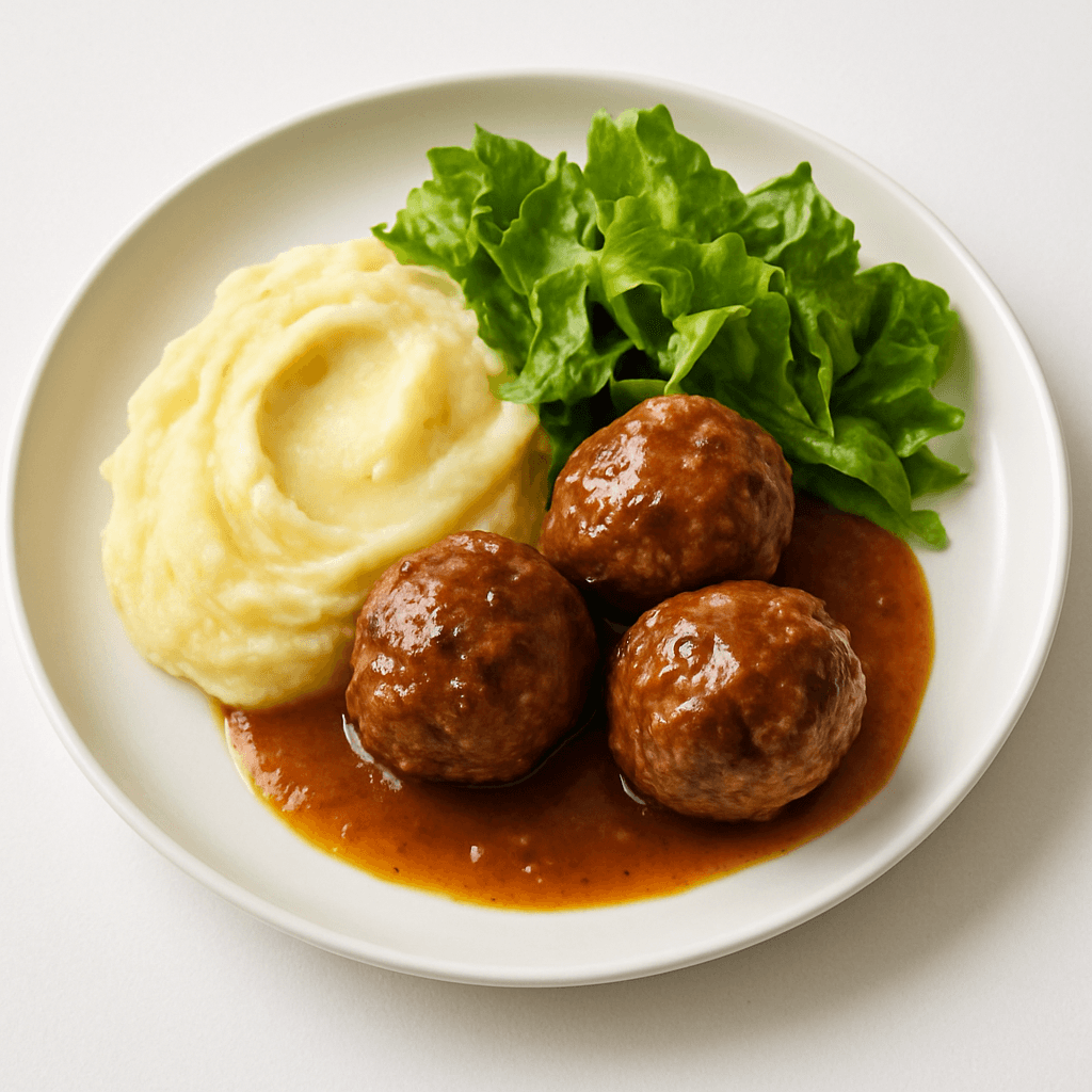 Foto de Albóndigas de carne vacuna con puré y ensalada verde