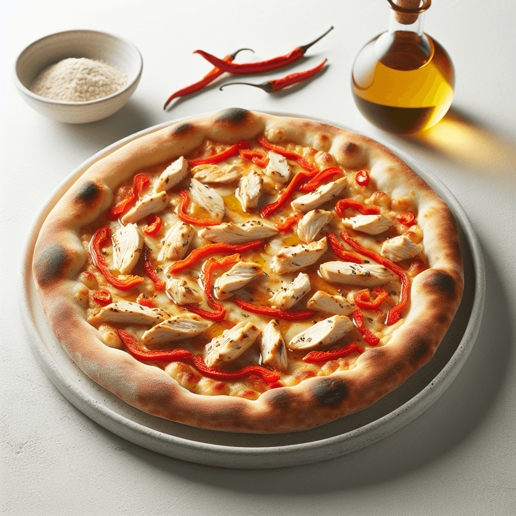 Foto de Pizza casera de masa fina con pollo y morrones